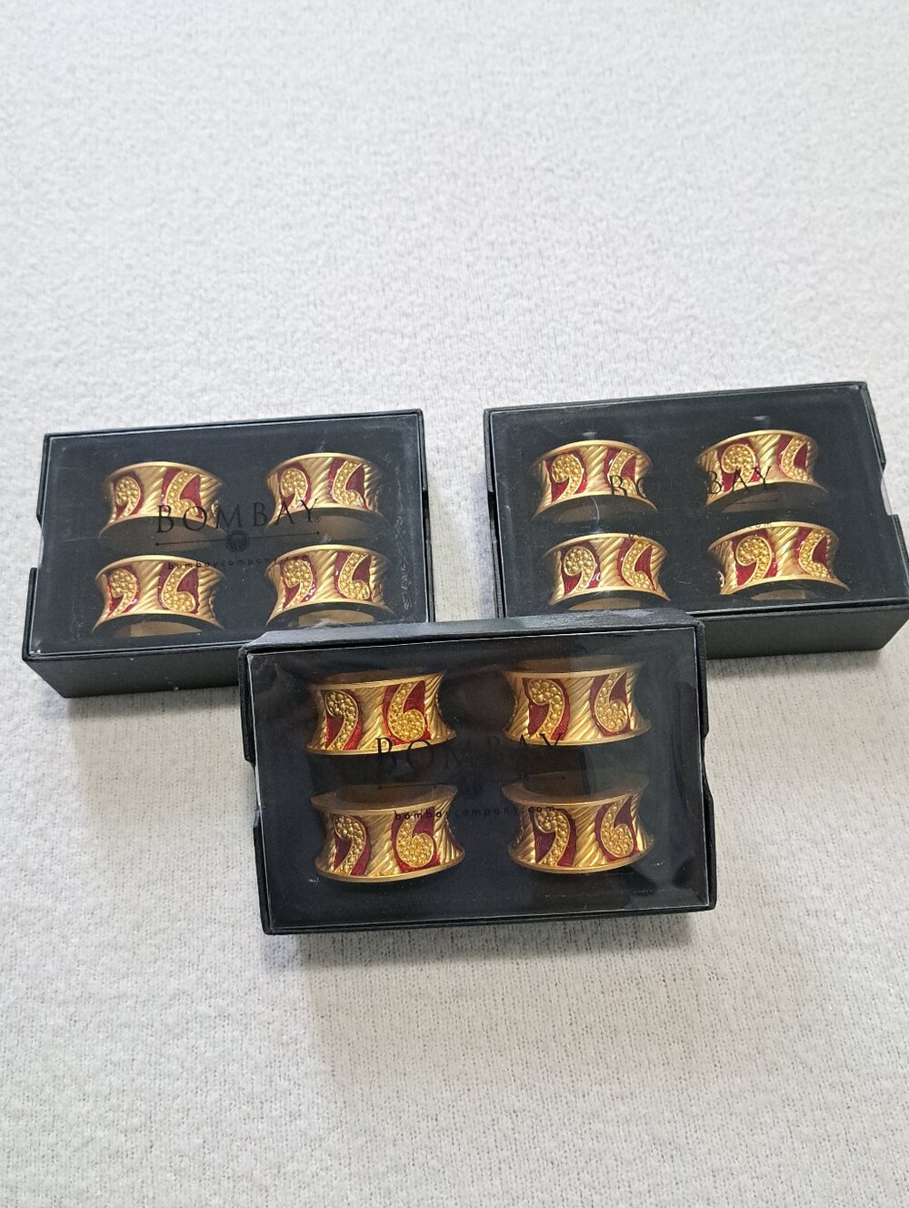 Bombay Company Vintage Red Gold Paisley Enamel Napkin Rings Set of 12 Holiday